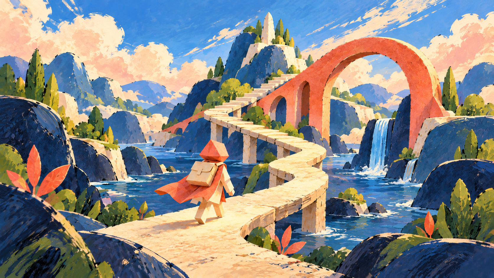 Painterly illustration of a paper explorer following a path beneath a coral arch