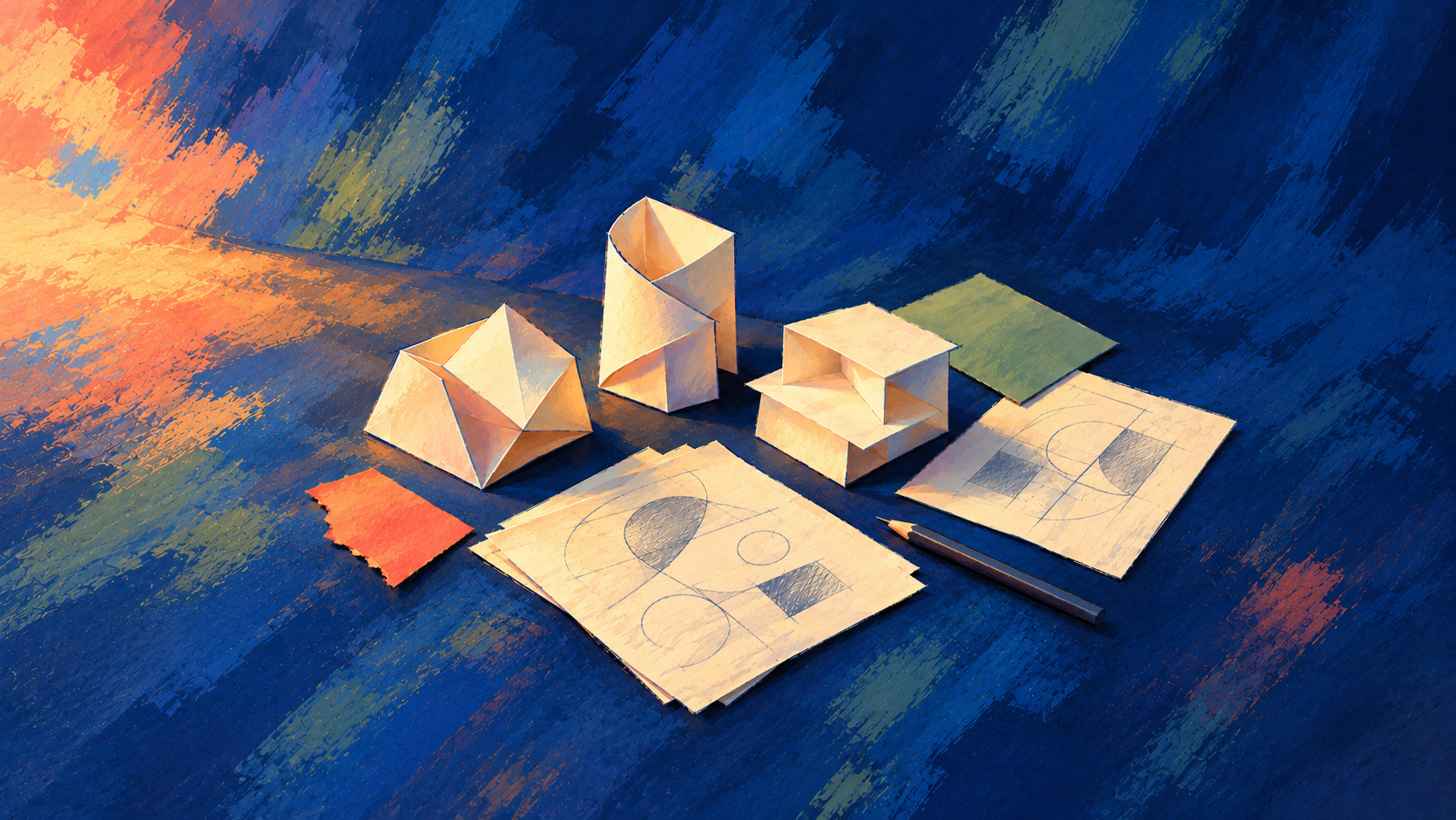 Painterly illustration of folded paper prototypes, pencil sketches and coral and sage material samples