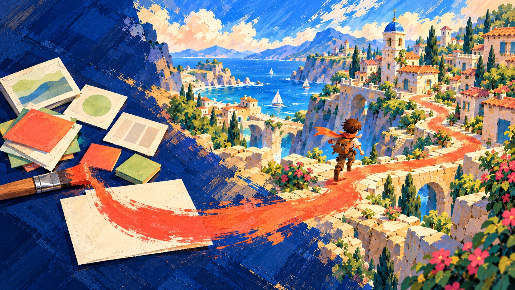 Painterly illustration of small game characters moving through a bright, playful world