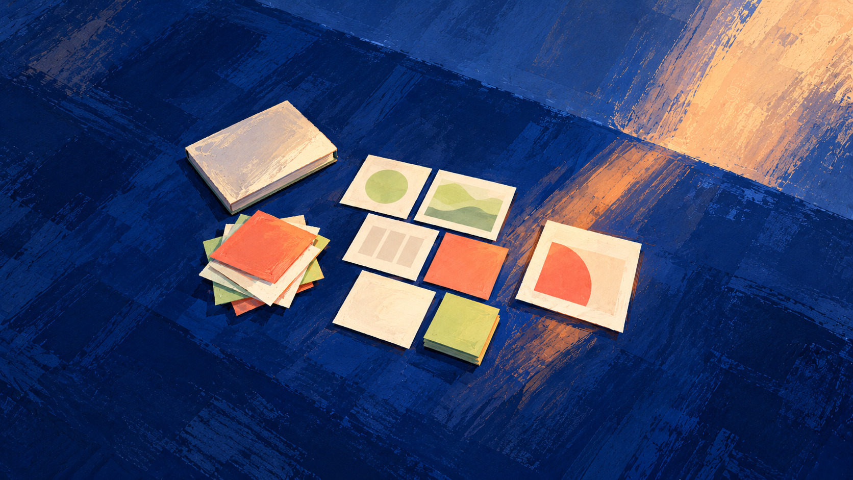 Painterly illustration of paper cards and notes arranged into a loose workflow
