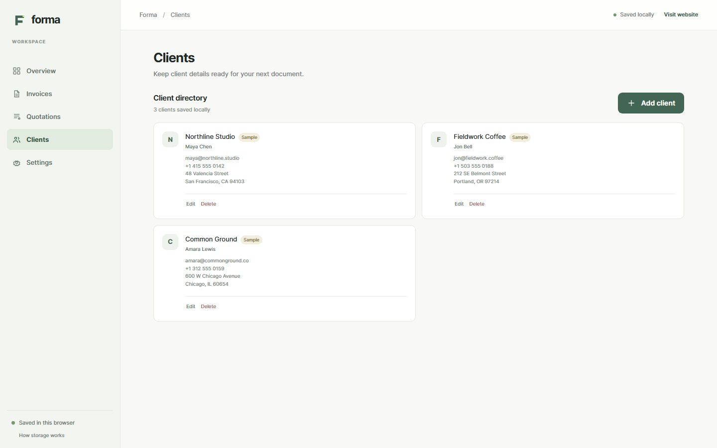 Client directory showing clearly marked sample client records