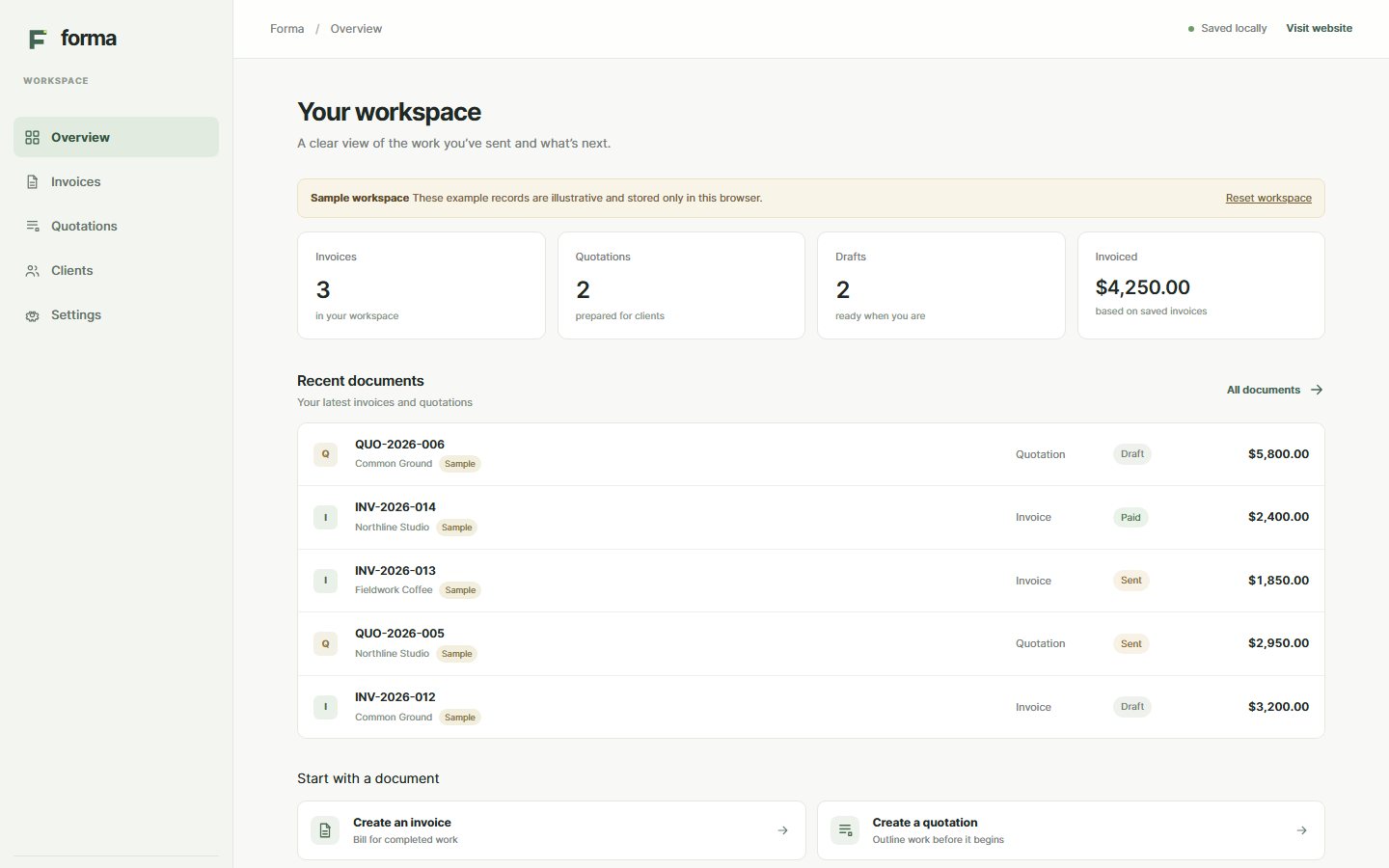 Forma's marked sample workspace with invoice, quotation and draft counts plus recent documents