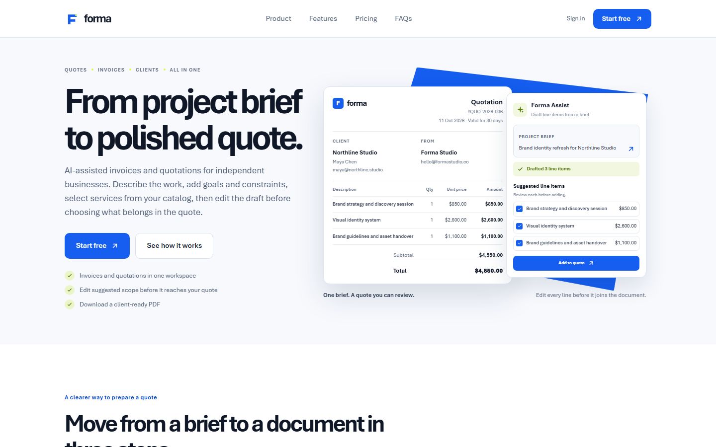 Forma's current product page showing Forma Assist beside a quote preview