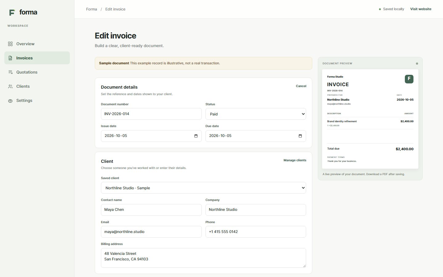 Invoice editor with client fields, document details and a live PDF preview using sample data