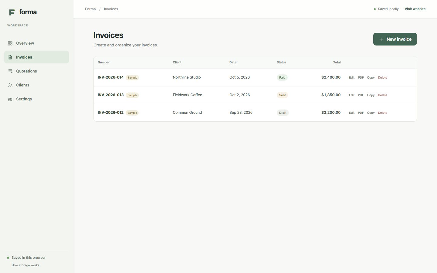 Invoice list in Forma showing sample documents, statuses and amounts