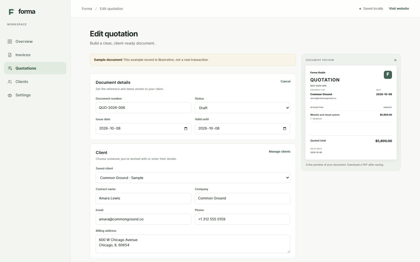 Quotation editor with client fields, validity date and a live quote preview using sample data