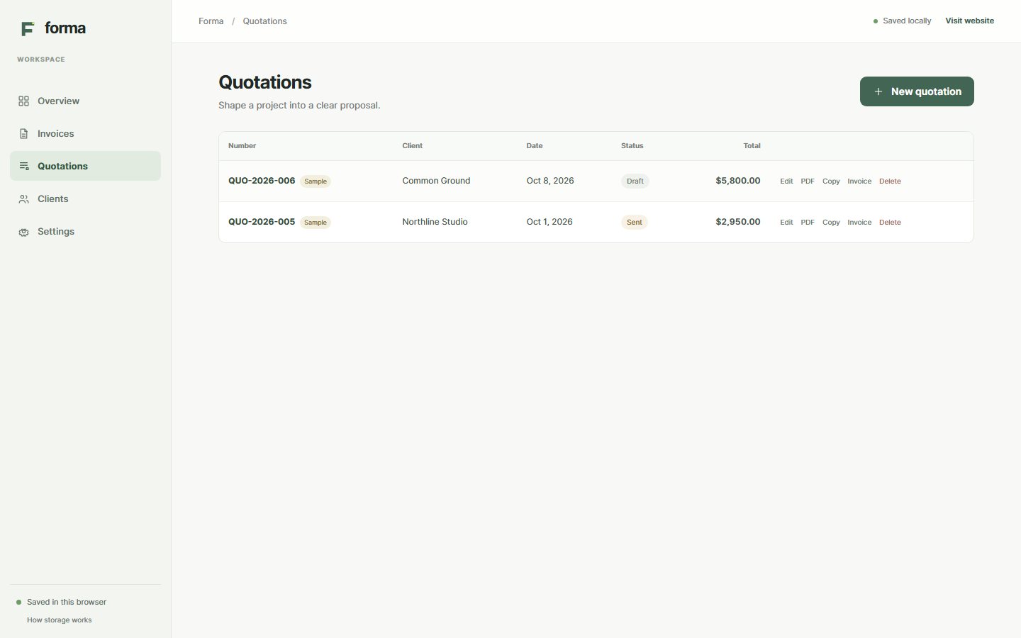 Quotation list showing sample quotes and invoice conversion actions