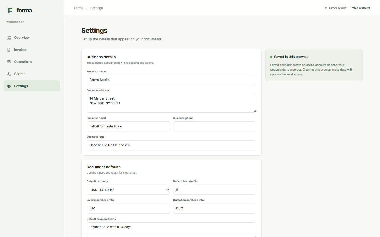 Forma settings for business details, default currency and tax, with a browser-local storage notice