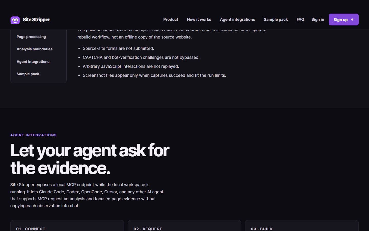 Site Stripper's local MCP workflow letting a coding agent request website analysis and page evidence