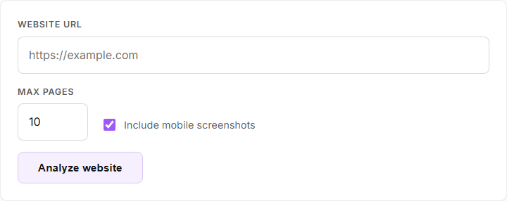 Site Stripper's live desktop form with a website URL field, page limit, mobile screenshot option and Analyze website button