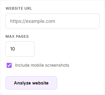 Site Stripper's live mobile form with the URL field, page limit, mobile capture option and Analyze website button