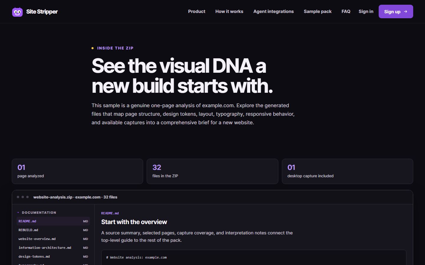 Site Stripper sample pack showing page analysis, selected files and structured design evidence