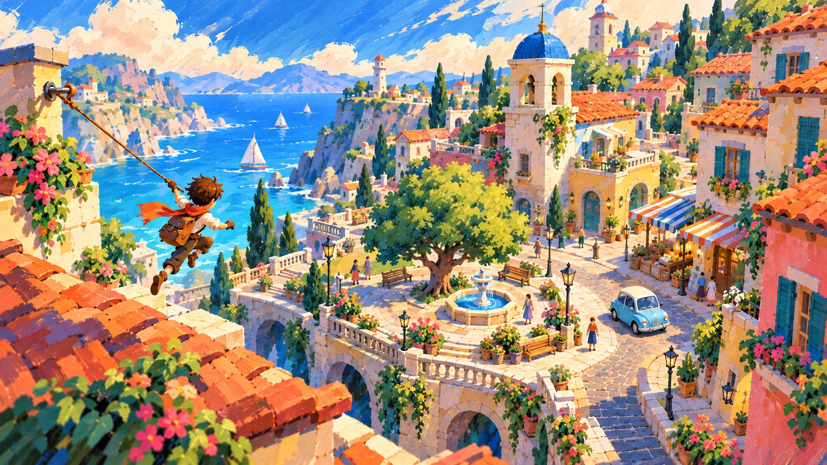 Painterly cover illustration for Hero Town: a small hero swinging above a compact town