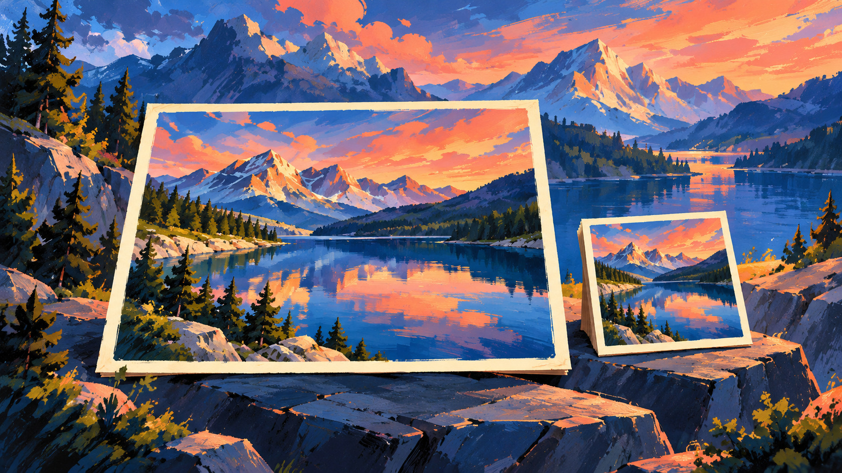 Painterly cover art for Image Compressor: a large mountain-lake scene beside a smaller matching panel