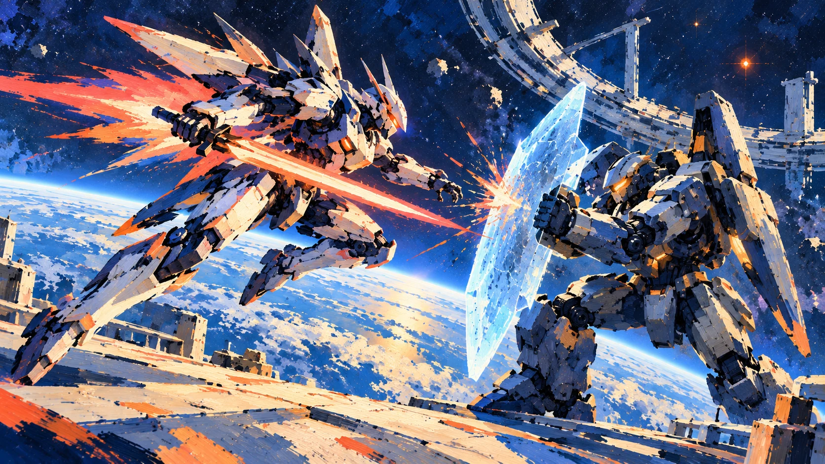 Painterly cover illustration for Orbit Zero: two original mech frames dueling above a planet
