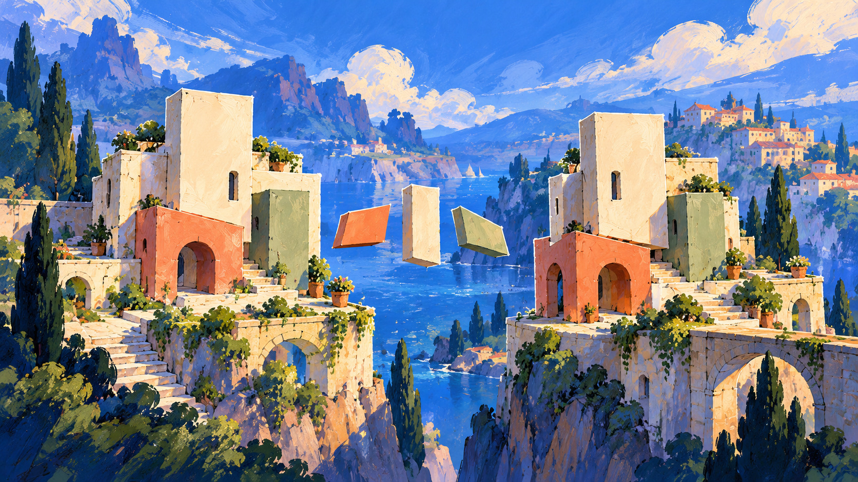 Illustrative cover art for Replicate: two related coastal structures with matching forms and colors