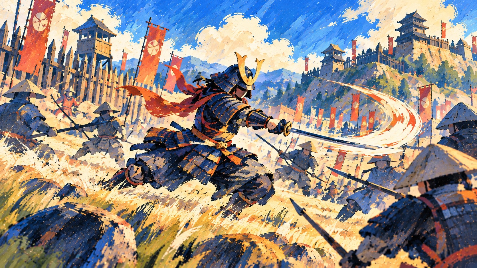 Painterly illustration of a Sengoku-era swordsman cutting through a vermilion arc on a bright battlefield