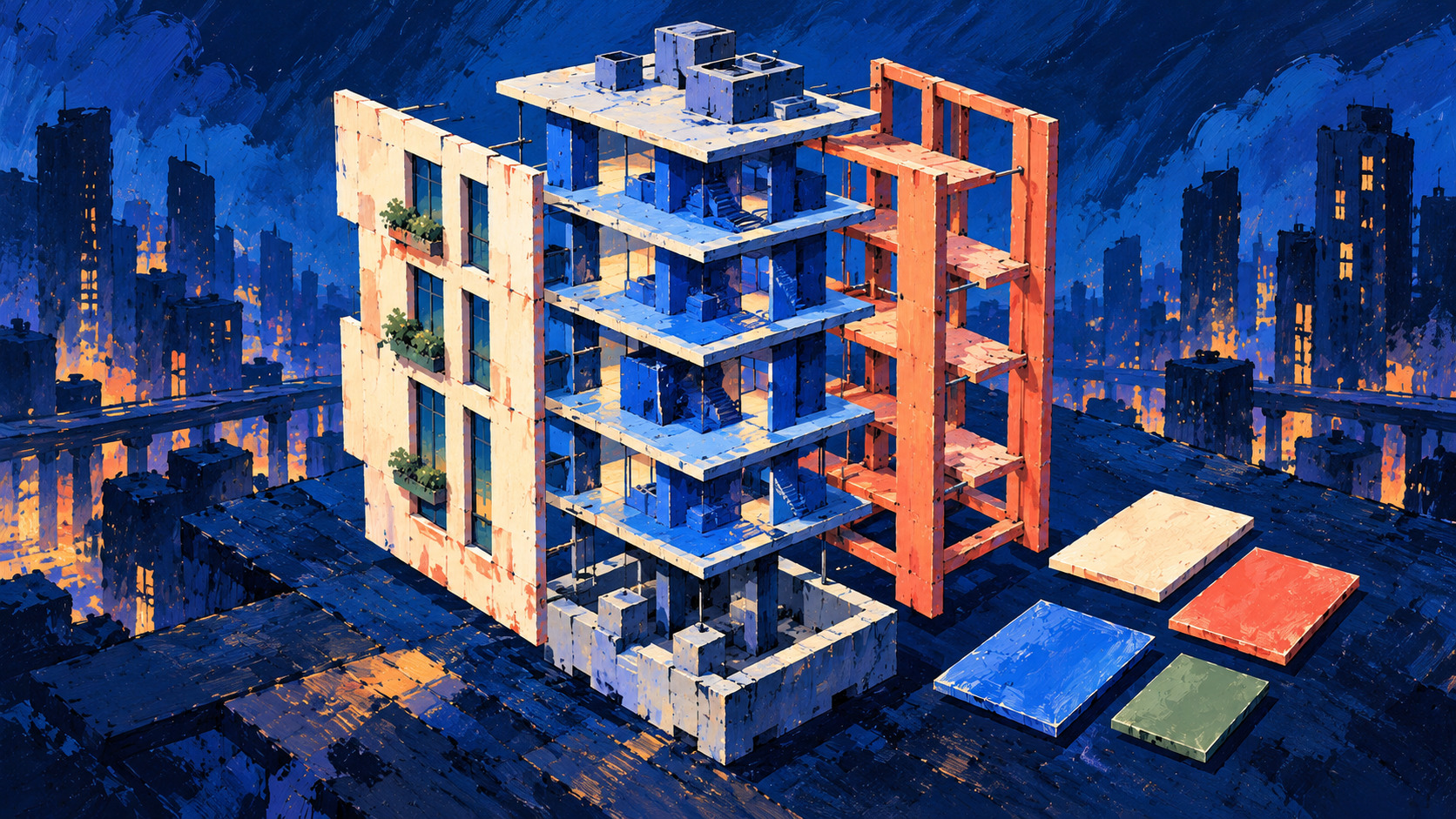 Illustrative cover art for Site Stripper: an angular building with separated cream and coral facade layers