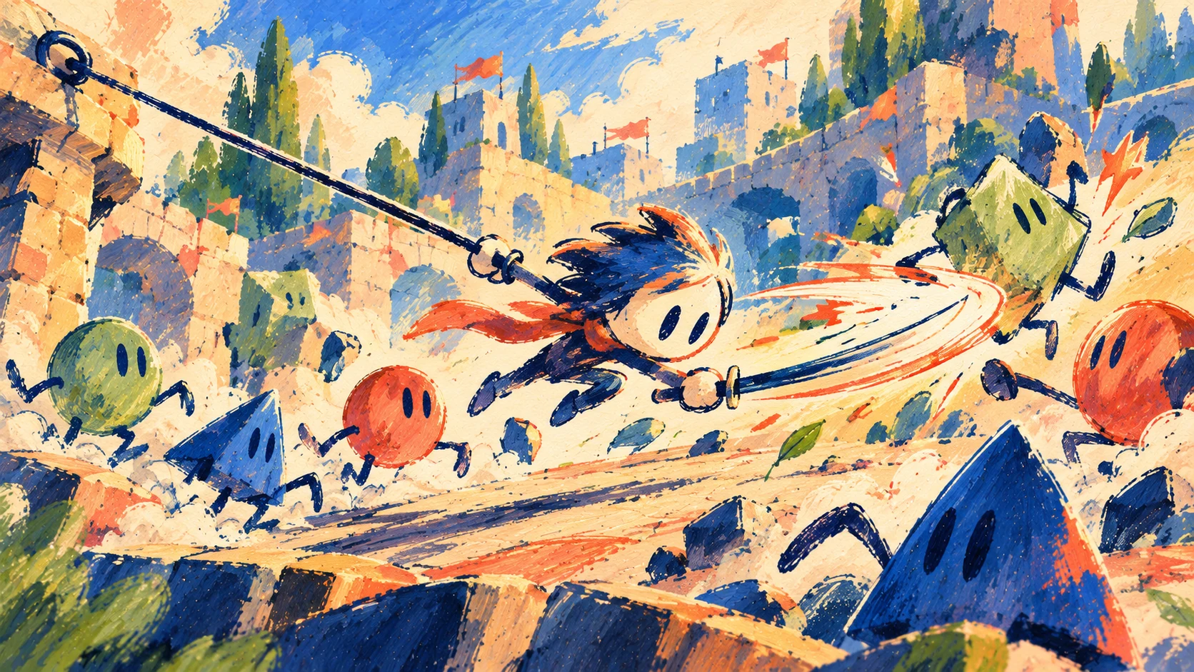 Painterly cover illustration for Sketch Fighters: a katana fighter facing doodled enemies on notebook paper