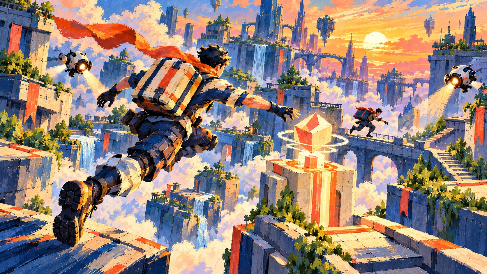 Painterly cover illustration for Skyline Courier: couriers racing toward a delivery beacon among rooftop drones