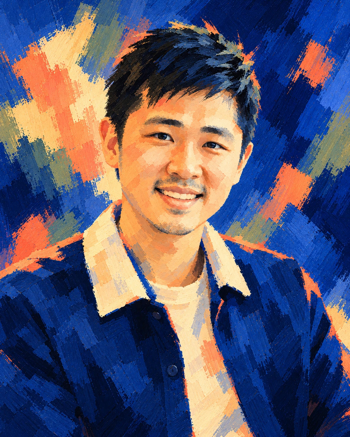 Stylized painted portrait of JR with short dark hair