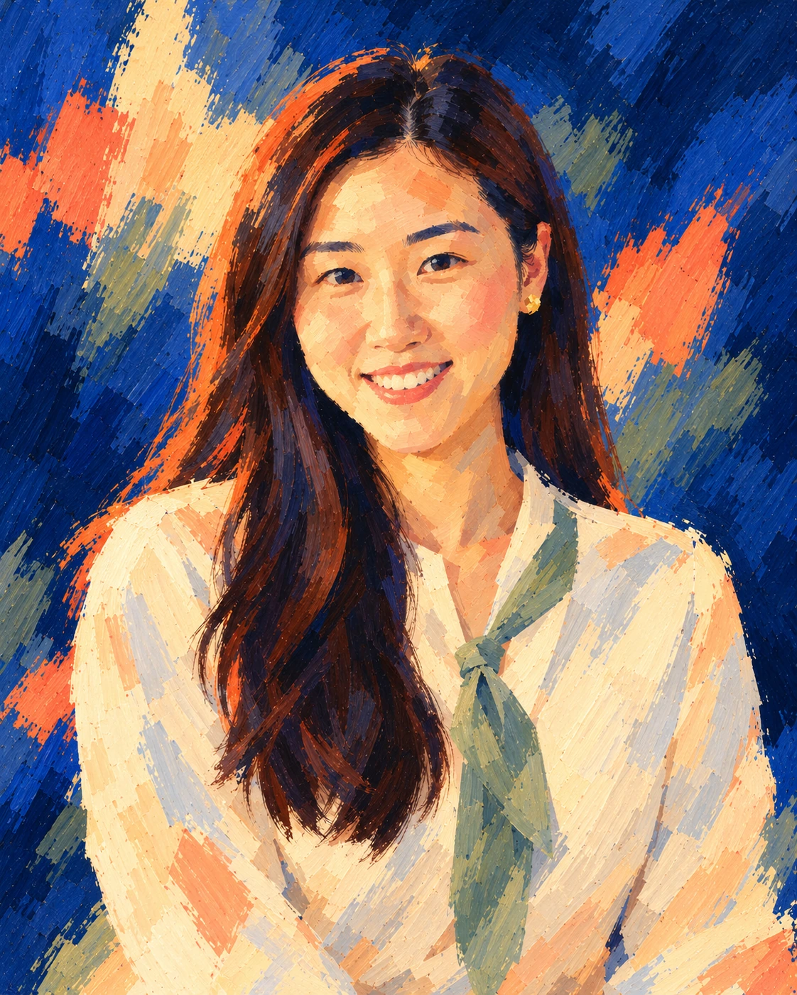 Stylized painted portrait of SP with long dark hair